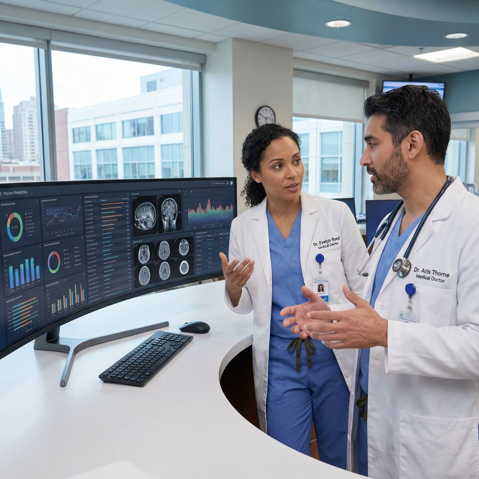 COLOUR-IMAGE_healthcare-two-medical-doctors-using-analytics_feb26