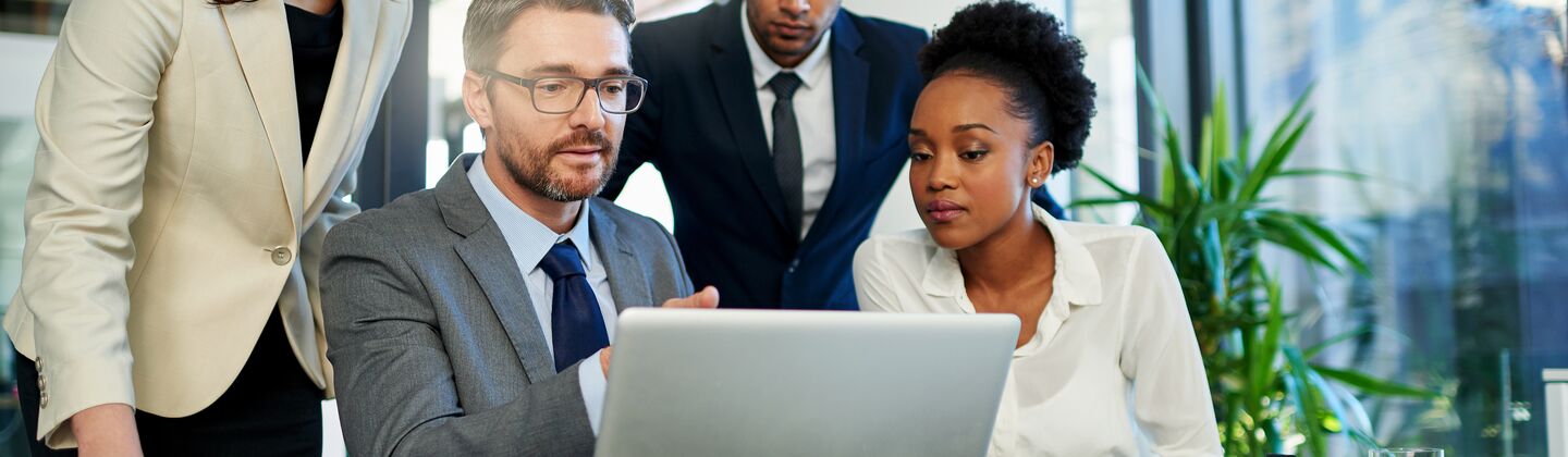 COLOUR-IMAGE_four-professionals-discussing-over-one-laptop-screen_jul26