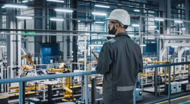 COLOUR-IMAGE_automotive-worker-looking-over-automated-robotic-car-factory-floor-holding-tablet_sep26