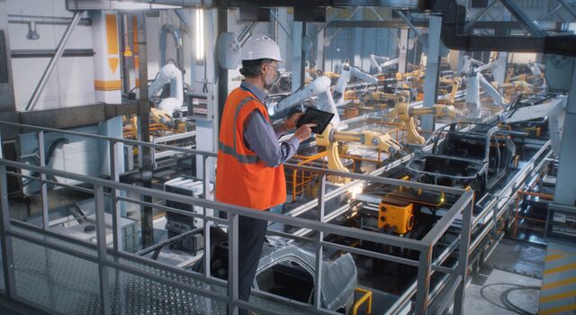 COLOUR-IMAGE_automotive-male-worker-looking-over-automated-robotic-car-assembly-line-holding-tablet_sep26