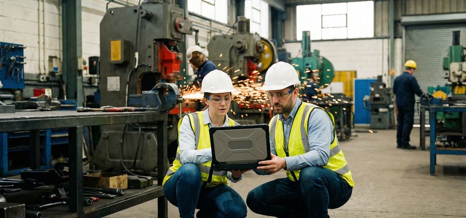 COLOUR-IMAGE_ehs-Two-people-squatting-using-a-laptop-in-a-factory_feb26