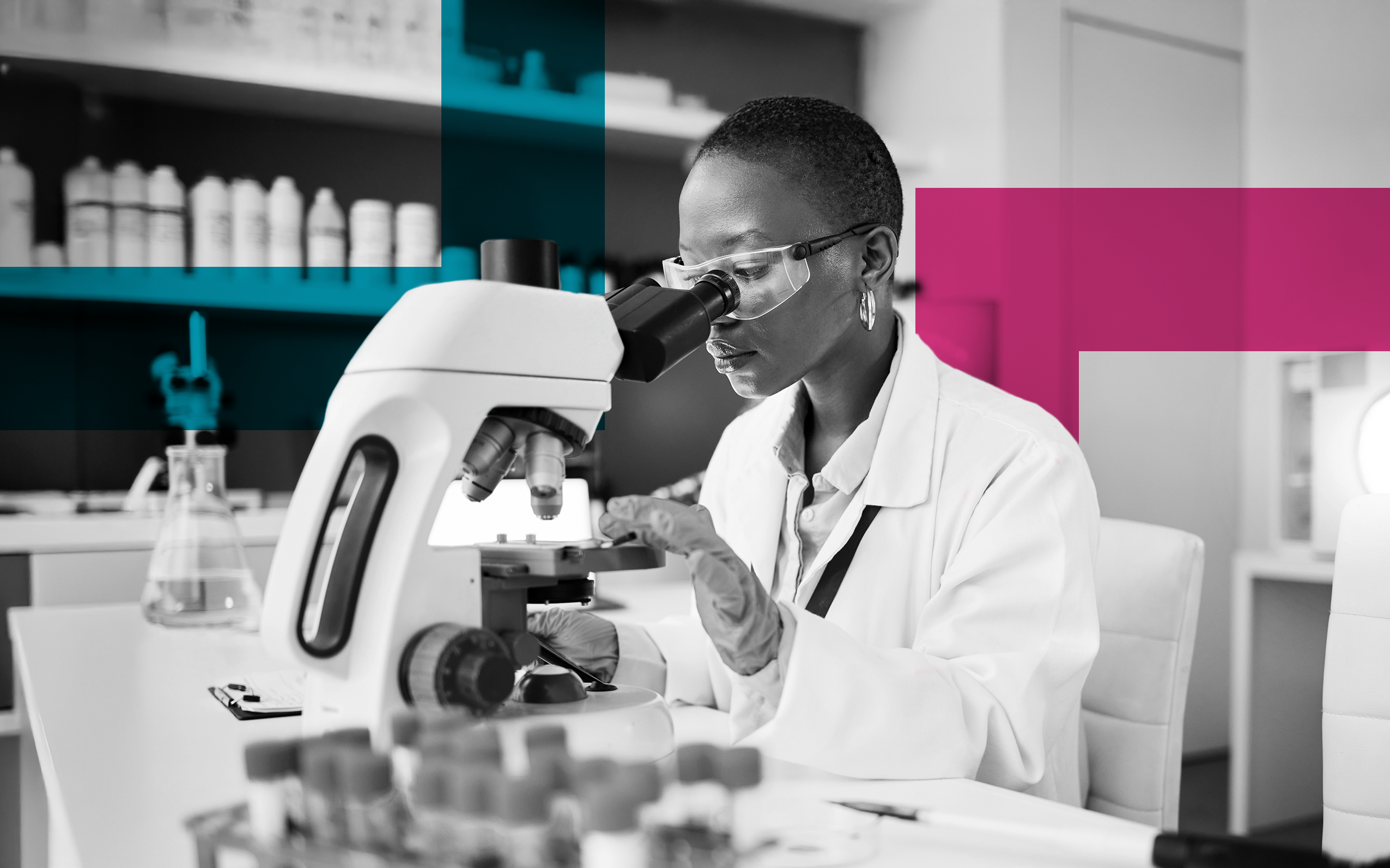 SINGLE-IMAGE_squares-science-laboratory-and-woman-on-microscope-for-blood-test-research_mar25