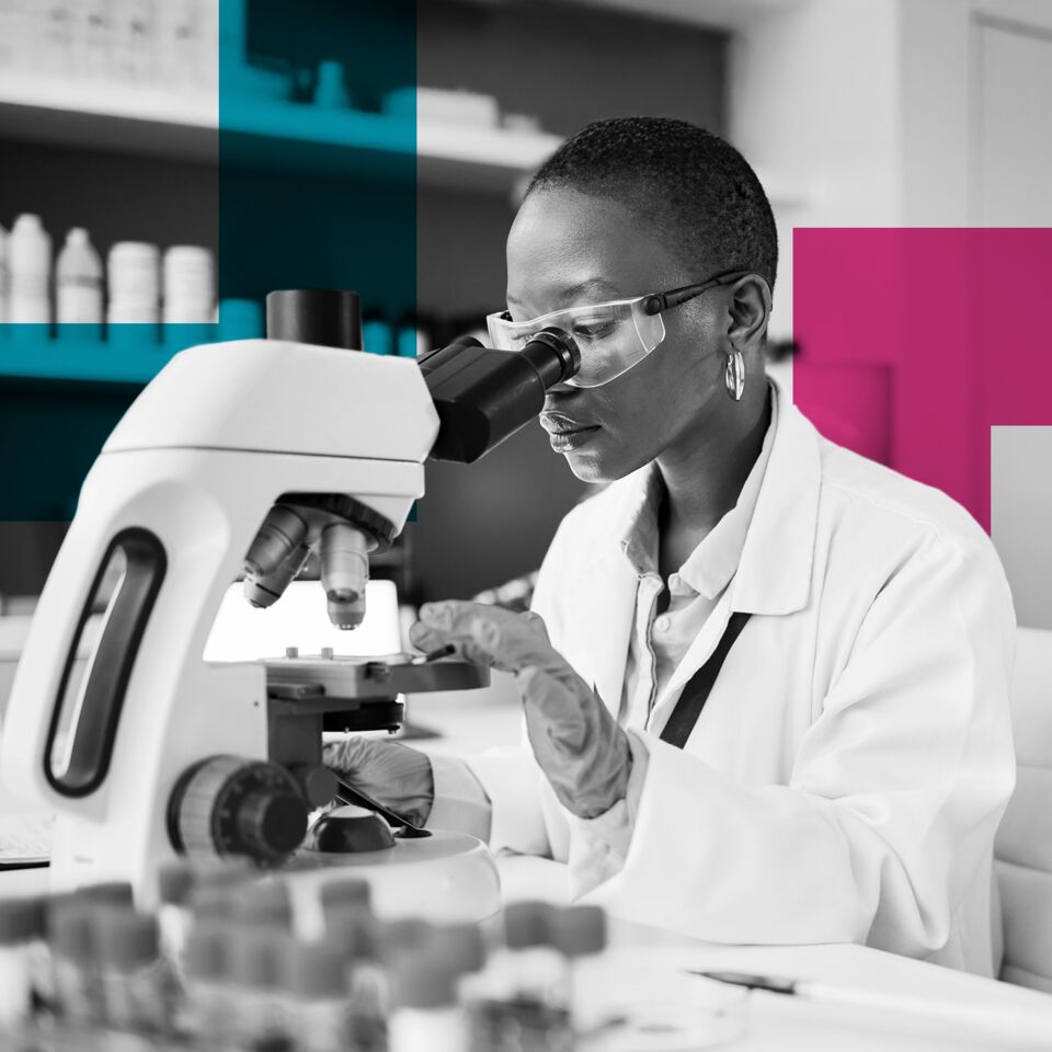 SINGLE-IMAGE_squares-science-laboratory-and-woman-on-microscope-for-blood-test-research_mar25