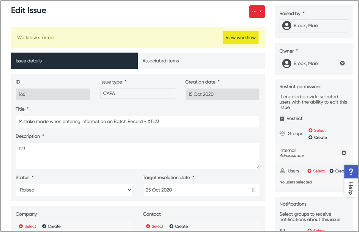 Image displaying step showing how to input a work flow issue