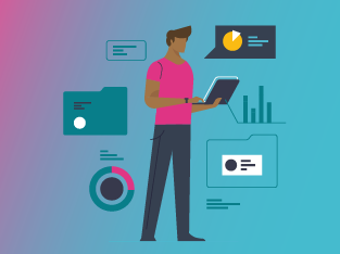 Graphic of a person holding a notebook surrounded by graphs and data